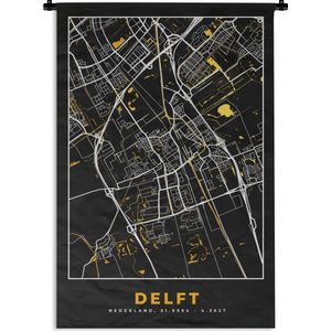 Wandkleed - Wanddoek - Kaart - Delft - Goud - Zwart - 90x135 cm - Wandtapijt