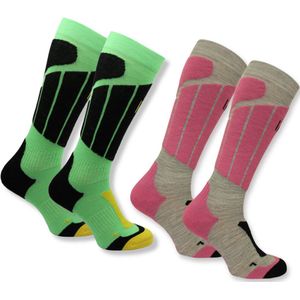 Norfolk Skisokken Kinderen - 2 Paar - Merino Wol Climayarn - Warm en Droog Thermosokken - Antiblaren Skisokken met Schokabsorptie Zonedemping - Maat 35-38 - Roze/Groen - Aspen Kids