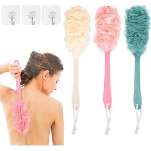 Allecto Premium - Douchespons met lange steel en 3 kleefhaken - Voor dames en heren - Set van 3 stuks