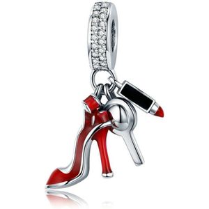 Fler® | Bedel | Past op populaire bedel armbanden (standaard-3mm) | armbandbedel | Schoen met hoge hak, Spiegel & Lippenstift Bedel | Hangbedel Charm | 925 sterling zilver | Zirkonia | Rode & Zwarte emaille | Vriendschap, Verjaardag | Valentijn kado