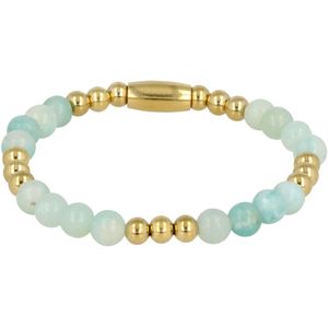 *Elastische goudkleurige kralenarmband met Amazonite edelstenen - Luxe goudkleurige armband door combinatie van Amazonite edelstenen met edelstalen balletjes - Met luxe cadeauverpakking