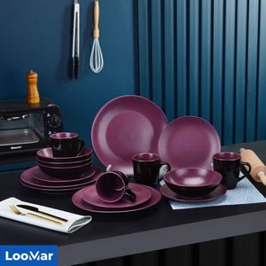 LooMar Luxe Serviesset – 16 delig – 4 persoons – Porselein - Bordenset – Dinner platen – Dessertborden - Kommen - Mokken - Set - Paars - Zwart