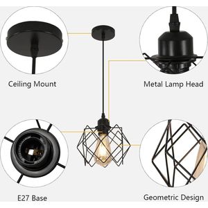 Goeco Hanglamp - 20cm - Klein - E27 - Industriële Kroonluchter - Zwarte Kooivormige Metalen Lampenkap - Lijnlengte 1m - Geen Lamp
