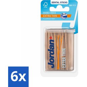 6 x Jordan Tandenstokers Double Ended Extra Thin 105 stuks per verpakking - Tandenstokers - Interdentale Reiniging - Tandenplak Verwijderen - Fluoride Tandenstokers - Mintsmaak Tandenstokers