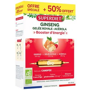 Superdiet Ginseng Royal Jelly en Acerola Organic 20 Ampullen + 10 Gratis Ampullen