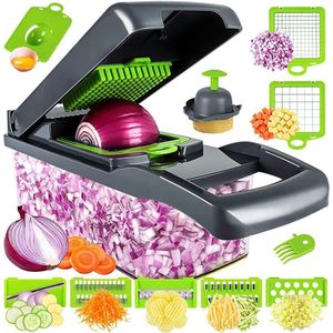 12-delige set - Multifunctionele Groentesnijder - groenteschaaf, geschikt voor blokjes, stokjes, schijven, repen enz, 12-in-1 multifunctionele snijder, uienversnipperaar, mandoline kommerschaaf
