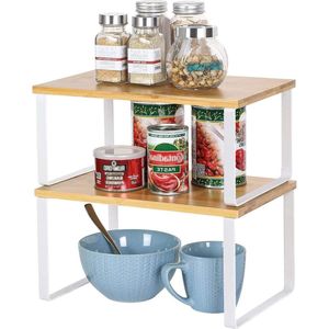 Uitbreidbare en stapelbare keukenkast-organizer set van 2 - kruidenrek voor keukenkast - opbergrek voor werkblad - wit en natuurlijke kleuren
