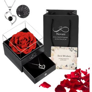 Novani Eeuwige Roos Cadeau - Sieraden Doos + Silver Hartjes Ketting - Verjaardag Cadeau Vriendin - Romantisch Cadeau - Valentijn Cadeautje voor Haar