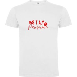 Wit T-Shirt met “ Stay Pawsitive“ Afbeelding Rood Maat L