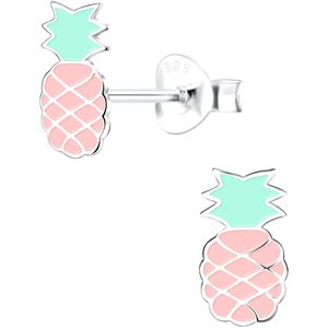 Joy|S - Zilveren ananas oorbellen - roze/ turquoise - kinderoorbellen