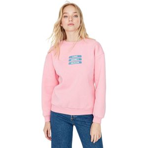Trendyol Beige Dik Fleece Slogan Geborduurd Ronde Hals, Relaxed/Comfortabel Fit Gebreid Sweatshirt Twoaw22Sw1464