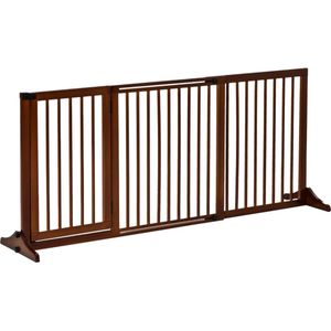 TRUUSK Barrière Hondendeur Poort Houten Veiligheidshek Vrijstaand Hondenpoort Met Deur Hondenbarrière Configuratie Poort Bruin 113-166 X 36 X 71 Cm