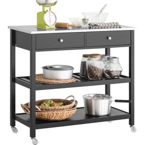 Keukentrolley met roestvrijstalen plaat | Serveertafel met wielen en opbergruimte | Zwart