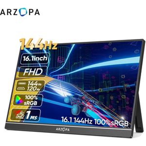 Draagbare Monitor - 16 Inch - 100% sRGB - Gaming - 144Hz Verversingssnelheid - USB-C - HDMI - 1ms Reactietijd - IPS Scherm - 1920x1080 Resolutie - Ingebouwde Luidsprekers