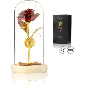 Luxe Roos in Glas met LED – Gouden Roos in Glazen Stolp – Moederdag - Cadeau voor vriendin moeder haar - Rood met Blaadjes - Lichte Voet – Qwality
