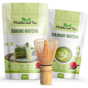 Matcha and Tea - Set Culinaire & Baking Matcha Thee + Matcha Whisk/Klopper - 2x 100 Gram Thee Poeder - Japanse Groene Thee - Handgeplukte Matcha