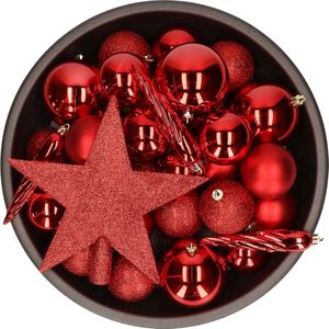 33x stuks kunststof kerstballen rood met ster piek 5-6-8 cm mix - Onbreekbare kerstballen - Kerstboomversiering