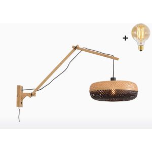 Wandlamp met Lange Arm - PALAWAN - Bamboe - Naturel/Zwarte Kap - Small (40x15cm) - Met LED-lamp