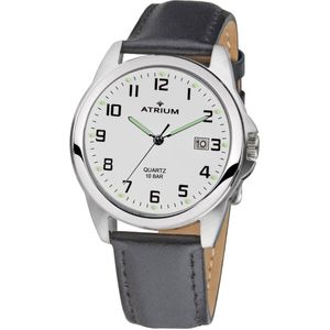 ATRIUM Horloge - Heren - Zilverkleurig - 10 bar - Leer Zwart (16,5 tot 21,5 cm) - Wijzerblad Wit - Datum - Edelstaal - A16-10