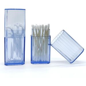 Wattenstaafjeshouder voor op reis, 10 stuks, draagbare kleine wattenstaafjesdispenser, transparante kunststof wattenstaafjes, opbergdoos met stofdicht deksel voor katoenen doekjes, tandenstokers，blauw