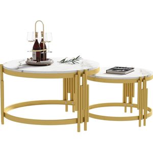 Merax Salontafel Set van 2 - Wit Marmerlook met Gouden Metalen Frame - Salontafels Rond - Nestbaar - Moderne Bijzettafels