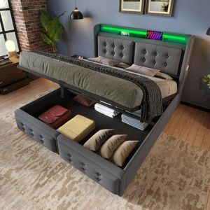 HAUSS SPOLE Gestoffeerd Bed 160x200 cm - Boxspring Met LED En USB - Bed Met Opbergruimte - Voor Tieners - Katoen - Grijs (geen matras)