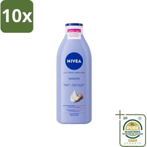 10 x Nivea - Smooth Body Milk - Sheaboter - 72 uur Hydratatie - Voor Droge Huid - 400 ml - Grootverpakking - Hydratatie - Droge Huid - Sheaboter - Hyaluronzuur - Bodymilk