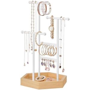 sieradenstandaard, sieradenhouder, sieradenboom van metaal en hout, sieraden bewaren voor halskettingen, armbanden, oorbellen, oorstekers, ringen. Cadeau voor meisjes en vrouwen, wit