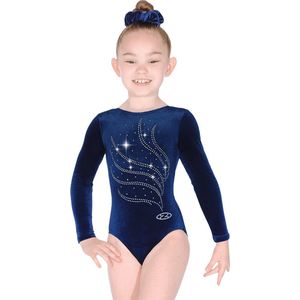 Marineblauw effen velours Tiara turnpakje lange mouwen maat 104-110 meisjes gympakje blauw blauwe donkerblauw donkerblauwe marine navy velourse fluweel fluwelen stretch steentjes