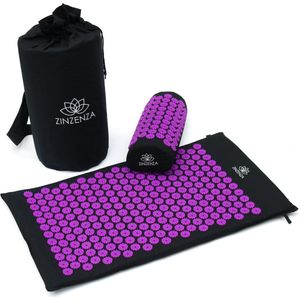 Zinzenza - Spijkermat (acupressuur mat of shakti mat) met kussen - paars met zwart