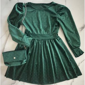 Meisjes - Glitter Jurk - Groen - Velours - Met Steentjes