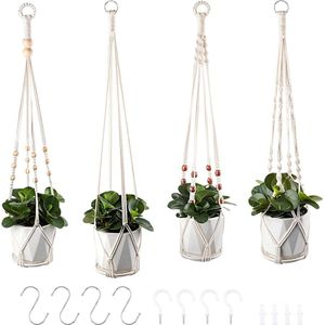 Macramé plantenhangers, set van 4 boho-decoratieve hanglampen voor bloempotten en planten, decoratie van binnen en buiten