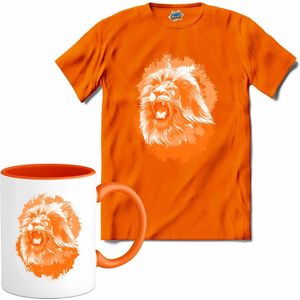 Oranje Leeuw - Oranje elftal WK / EK voetbal kampioenschap - bier feest kleding - grappige zinnen, spreuken en teksten - T-Shirt met mok - Meisjes - Oranje - Maat 12 jaar