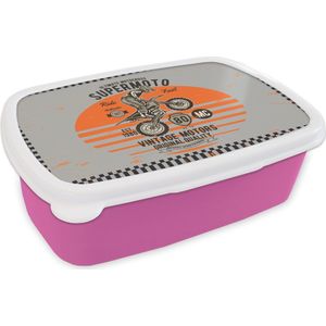 Broodtrommel Roze - Lunchbox - Brooddoos - Mancave - Motor - Vintage - Oranje - Grijs - 18x12x6 cm - Kinderen - Meisje