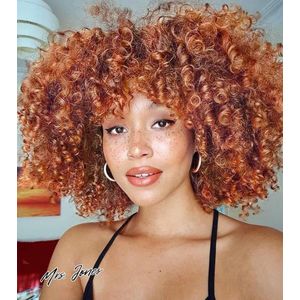 Mrs. Jones Krullende afropruik koperrood natuurlijk kunsthaar met pony voor vrouwen schouderlengte afro kinky krullend bob volume voor zwarte dames 35 cm gember .