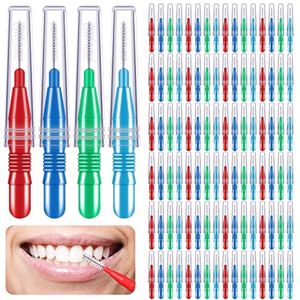 100 stuks interdentale borstels, tandenstokers, interdentale borstels, mondhygiëne, tandenborstels, tandzijde, tandenstoker, reinigingsgereedschap, rood, blauw, groen, lichtblauw