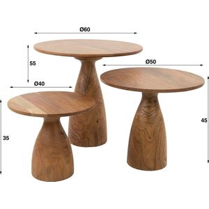 Salontafel set van 3 | massieve kegelvormige voet | massief acacia hout naturel | 60x60x55 cm | natuurlijk design | woonkamer