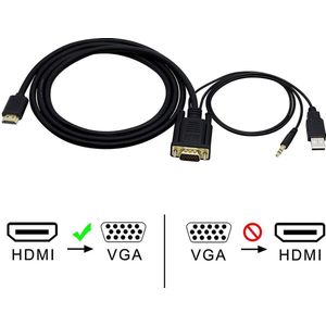 HDMI-naar-VGA-kabel met audio HDMI-stekker naar VGA-stekker adapterconverter met 3,5 mm AUX-audiokabel en USB-stroomkabel voor monitor, projector, tv 1,5 m, zwart