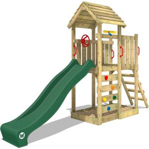 WICKEY speeltoestel klimtoestel JoyFlyer met houten dak & groene glijbaan, outdoor kinderspeeltoestel met zandbak, ladder & speelaccessoires voor de tuin