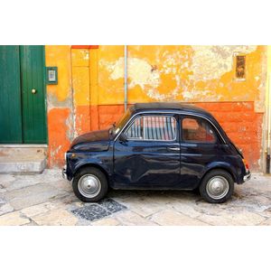 Dibond - Auto / Fiat 500 - Zwart / geel / oranje / groen - 100 x 150 cm.