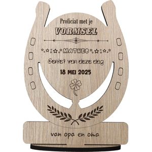 Cadeau Vormsel - houten wenskaart - kaart van hout - gepersonaliseerd bordje met eigen namen en datum - 17.5 x 25 cm