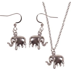 Set - Ketting 55cm - Zilverkleurige Oorbellen - Hangertje Olifant zilverkleurig 1,5cm