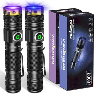 UV Zaklamp 365nm 395nm USB Oplaadbaar - Ultraviolet LED Zwart Licht 10W - Woods Lamp Detector Huisdier Urine Vlekken - Fluorescerende Uranium Glas Geld Resin Epoxy D300 2 Pak