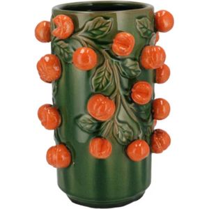 Supervintage handgemaakte groene aardewerk cilinder vaas met mandarijnen 21 x 31 cm