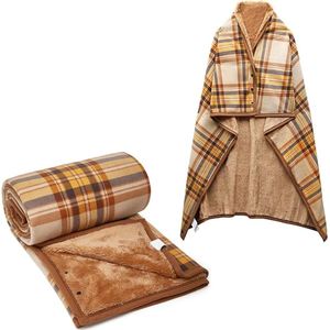 Dames poncho fleece draagbare deken - geruite schootdeken - comfortabele poncho - pluche deken - omslagdoek met knopen - voor bed - bank - kantoor - Geel-bruin L