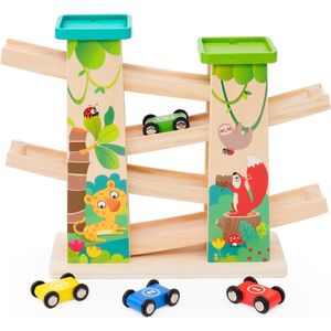Knikkerbaanauto's van hout vanaf 1 jaar, autoracebaan houten speelgoed, houten kinderspeelgoed 1 2 jaar jongens met 4 miniauto's en 2 parkeerplaatsen