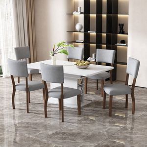 Sweiko Fluwelen eetkamerstoelen, 6-delige set (zonder eettafel), familie eetkamerstoelen, stoelen, moderne minimalistische woon- en slaapkamerstoelen, vier rubberen houten poten, grijs
