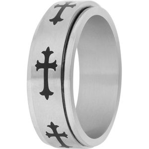 Lucardi Heren Gerecycled stalen anxiety ring met zwart kruis - Ring - Staal - Zilverkleurig - 23 / 72 mm