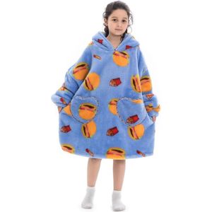 Hamburgers & frietjes fleece hoodie deken met mouwen kind – fleece poncho kind – Draagbare deken - plaid met mouwen - kids 8/12 jaar – maat 134/158 – lengte 75 cm - chillen – Warm & zacht – relax outfit kids – lavendelblauw - Badrock