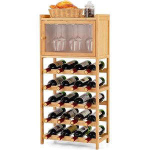 Wijnrek van bamboe, flessenrek voor 20 flessen, wijnkast met glazen hanger & magneetdeur, wijnstandaard, flessenstandaard, voor bars & eetkamers & keukens